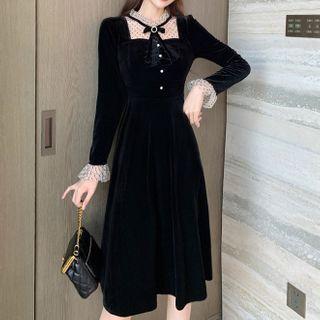 Dotted Mesh Panel Pleuche A-line Dress