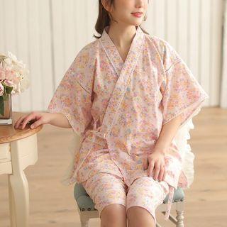 Loungewear Set: Flower Print Short-sleeve Wrap Top + Shorts