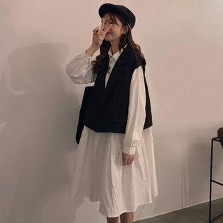 Button Vest / Long-sleeve Midi Shirtdress