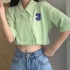 3/4-sleeve Button Cropped T-shirt
