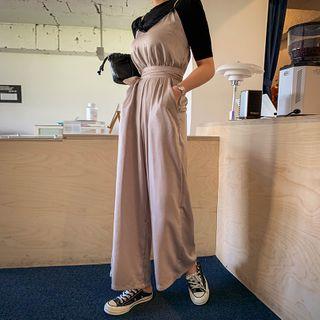 Spaghetti-strap Lace-trim Wide-leg Jumpsuit With Sash