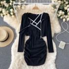 Set Of 2: Cross Spaghetti-strap Dress + Zip Hooded Jacket Black - One Size