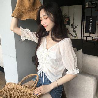 Short-sleeve Drawcord Chiffon Crop Top
