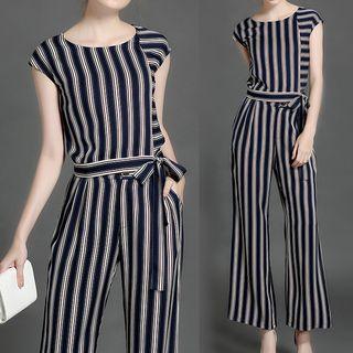 Set: Short-sleeve Striped Top + Wide Leg Pants