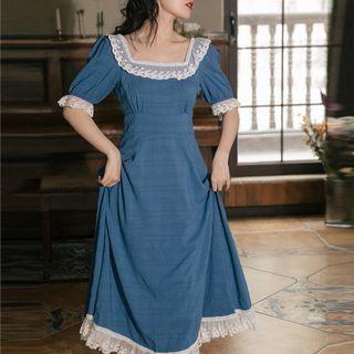 Short-sleeve Lace Trim Crinkled Midi Dress
