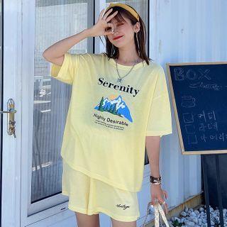 Set: Elbow-sleeve Lettering Print T-shirt + Wide-leg Shorts