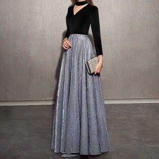 Long-sleeve Glitter Paneled A-line Gown