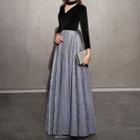 Long-sleeve Glitter Paneled A-line Gown