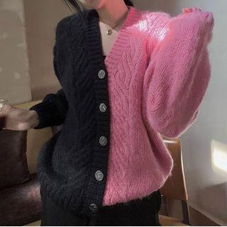 V-neck Contrast Loose Fit Cardigan Pink & Black - One Size