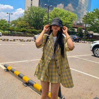 Elbow-sleeve Checked Boxy Blazer