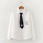 Pocket-front Rabbit Print Long-sleeve Shirt With Tie