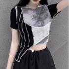 Short Sleeve Color Block Asymmetrical T-shirt Black - One Size