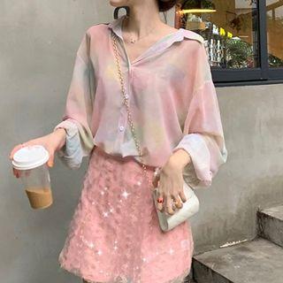 Tie-dyed Shirt / Sequin A-line Mini Skirt