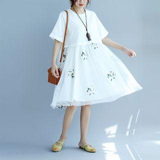 Elbow-sleeve Printed Tulle-overlay Midi Dress