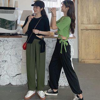 Short-sleeve Ribbon Front T-shirt / Plain Harem Pants