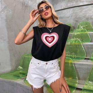 Sleeveless Shoulder Padded Heart Print Top