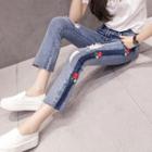 Floral Embroidery Cropped Boot-cut Jeans