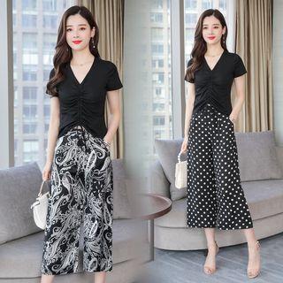 Set: Short Sleeve V-neck Drawstring Top + Print Cropped Chiffon Wide-leg Pants