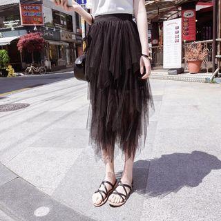 Asymmetric Midi Mesh A-line Skirt
