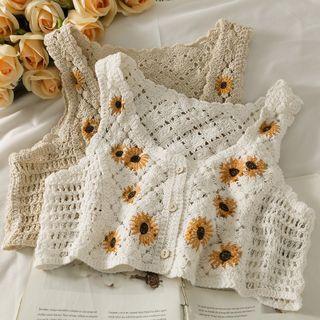 Open-knit Embroidered Button-up Crop Vest