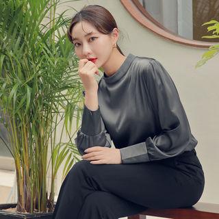 High-neck Bishop-sleeve Satin Blouse