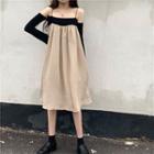 Mock Two-piece Cold-shoulder Midi A-line Dress Khaki & Black - One Size