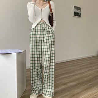 Zip Cardigan / Plaid Straight Leg Pants