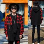 Plaid Panel Hooded Buttoned Jacket