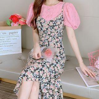 Set : Short-sleeve Blouse + Spaghetti Strap Floral Print Midi Skirt