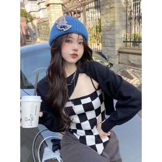 Checker Print Camisole Top / Asymmetrical Crop Sweater