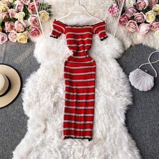 Off-shoulder Striped Knit Dress