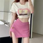 Cat-print Tie-back Crop T-shirt / Asymmetrical High-waist Mini Skirt