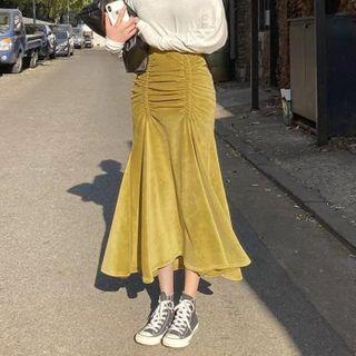 Shirred Velvet Midi A-line Skirt