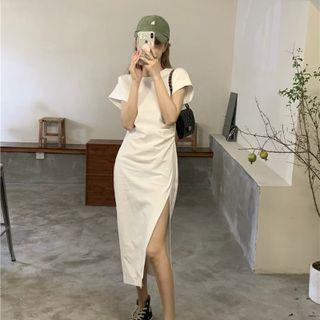Short-sleeve Slit Midi Sheath Dress White - One Size