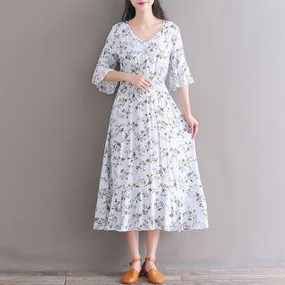 Floral Elbow-sleeve Mmidi A-line Dress