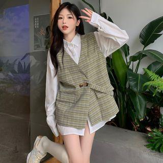 Plaid Double-breasted Vest / Plain Shirt