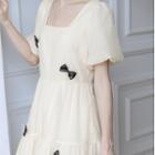 Short-sleeve Square Neck Bow Accent Midi A-line Dress