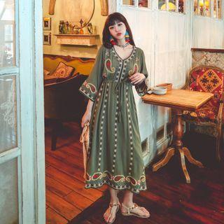 Elbow-sleeve Pattern Embroidered Midi A-line Dress