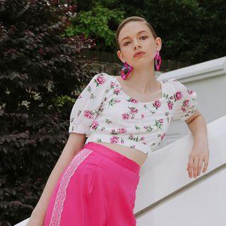 Floral Print Short-sleeve Cropped Chiffon Top
