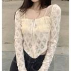 Long-sleeve Square-neck Lace Zip Top Off-white - One Size