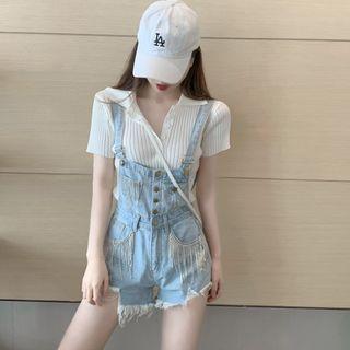 Short-sleeve Knit Polo Shirt / Frayed Fringed Denim Dungaree Shorts