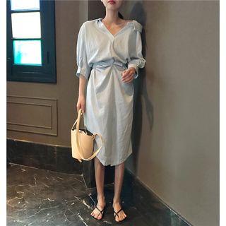 V-neck 3/4-sleeve Midi Shirt Dress