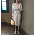 V-neck 3/4-sleeve Midi Shirt Dress