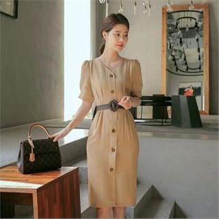 Button-front Pintuck-waist Dress With Belt