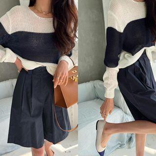 Drop-shoulder Two-tone Knit Top Ivory - One Size