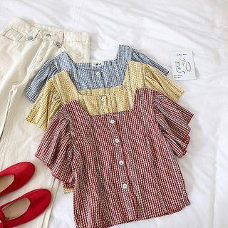 Single-breasted Plaid Square-neck Short-sleeve Blouse