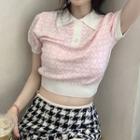 Short-sleeve Heart Printed Cropped Knit Top Heart - One Size