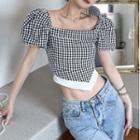 Puff-sleeve Check Lace-up Blouse