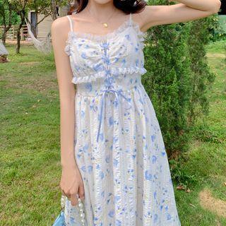 Floral Printed Lace-up Spaghetti-strap Midi Dress