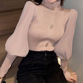 Puff-sleeve Chiffon Plain Sweater